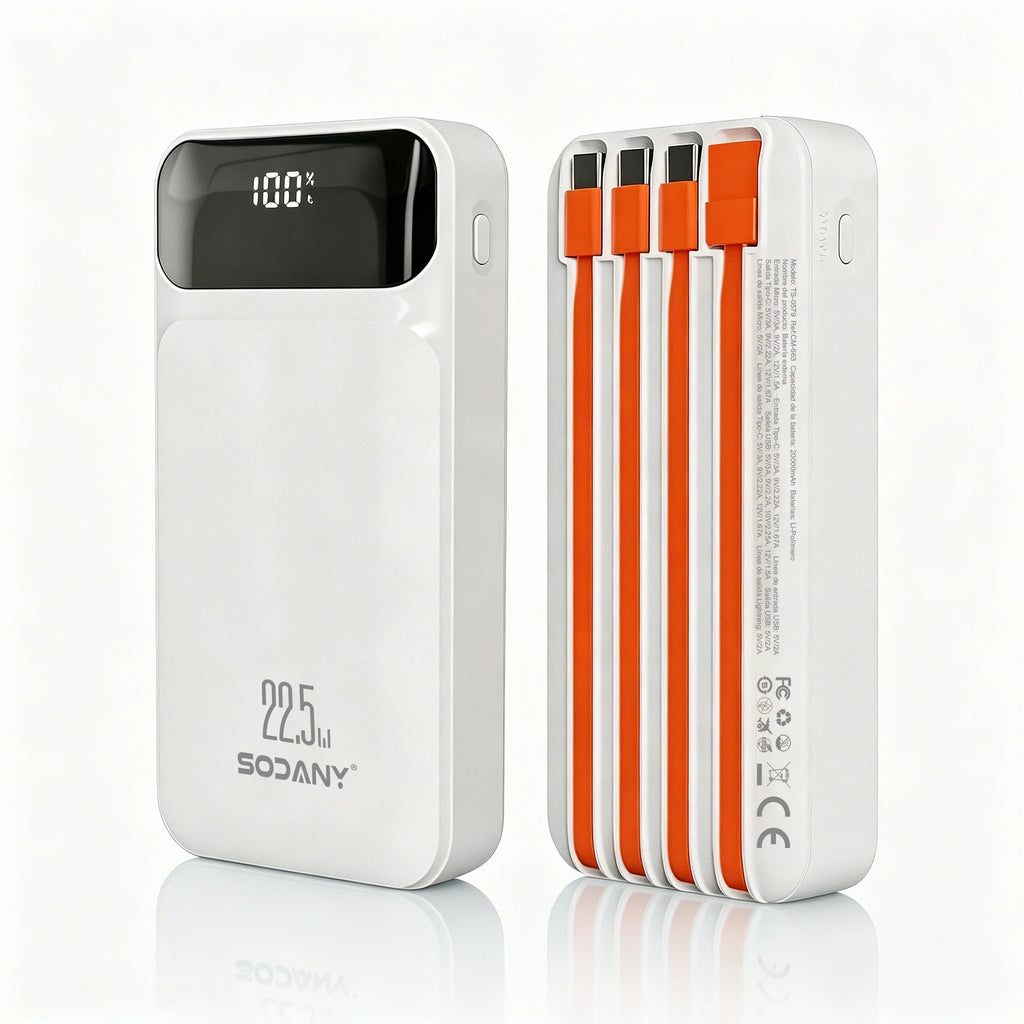 Power Bank White 20000mAh – 22.5W Fast Charging | 4 Integrated Cables With LCD Screen