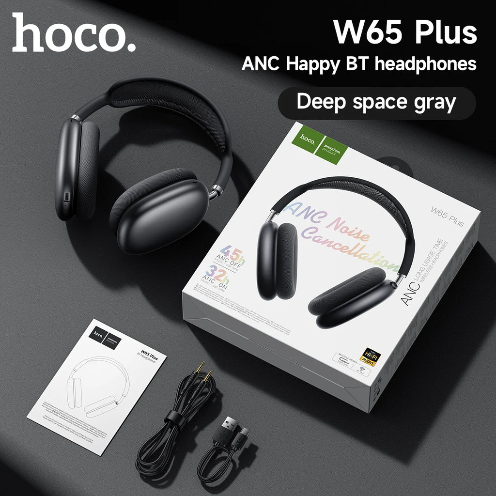 HOCO W65 Plus ANC Noise Reduction Bluetooth Headphones Over The Ear Wireless Big Earphone Hifi Sounds Sport Headsets With Button